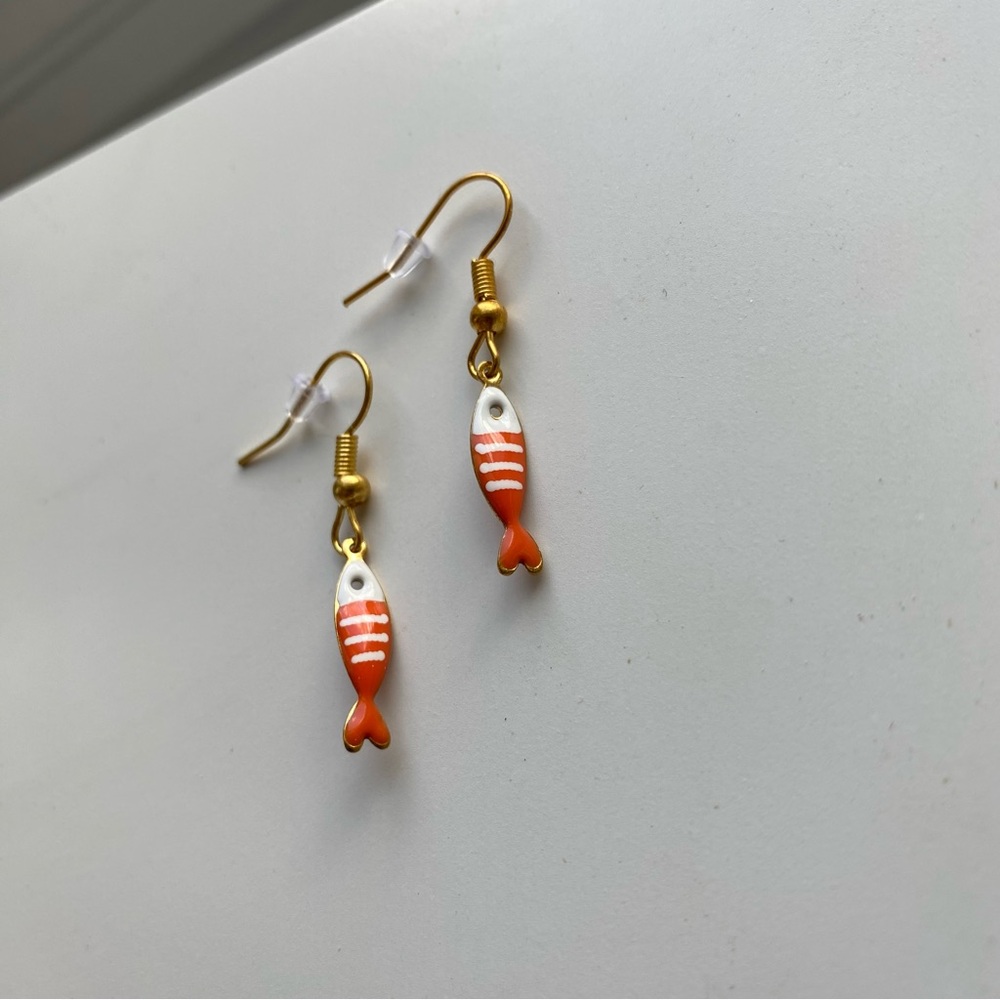 Handmade GOLD STAINLESS STEEL Earrings Striped Sardines Fish Nautical Fairy Cute - Picture 6 of 8